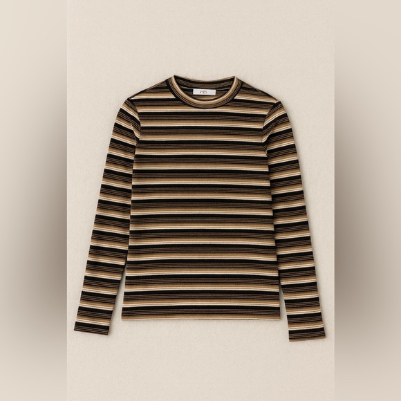 Great condition. ZARA 90s grunge brown tan cream Striped Top medium - Picture 1 of 5